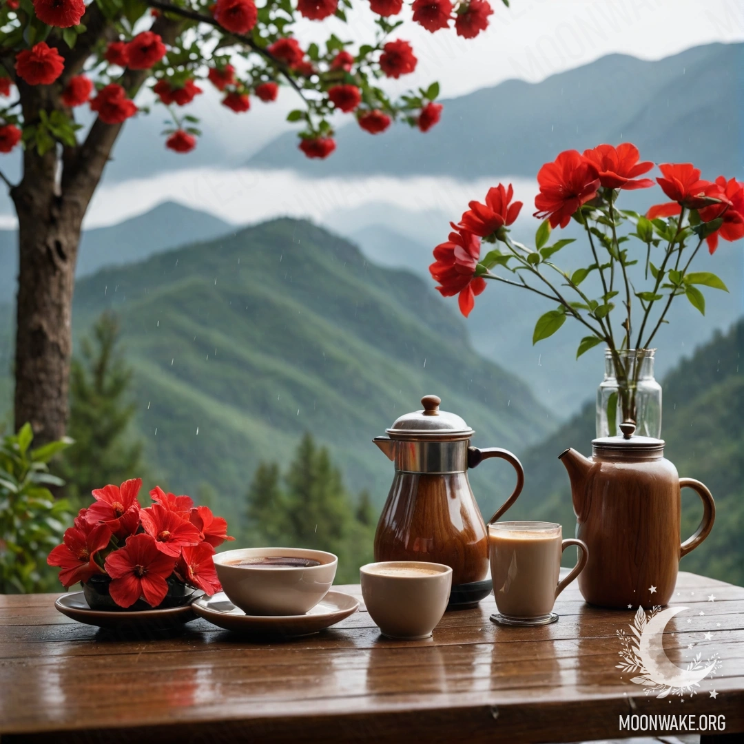 A cozy wooden table with a jar of red flowers, a coffee pot, and cups in a rainy mountain setting.