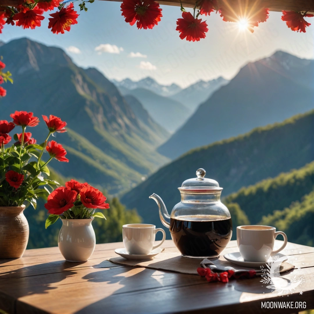 A cozy wooden table with red flowers and coffee set against a mountain backdrop.
