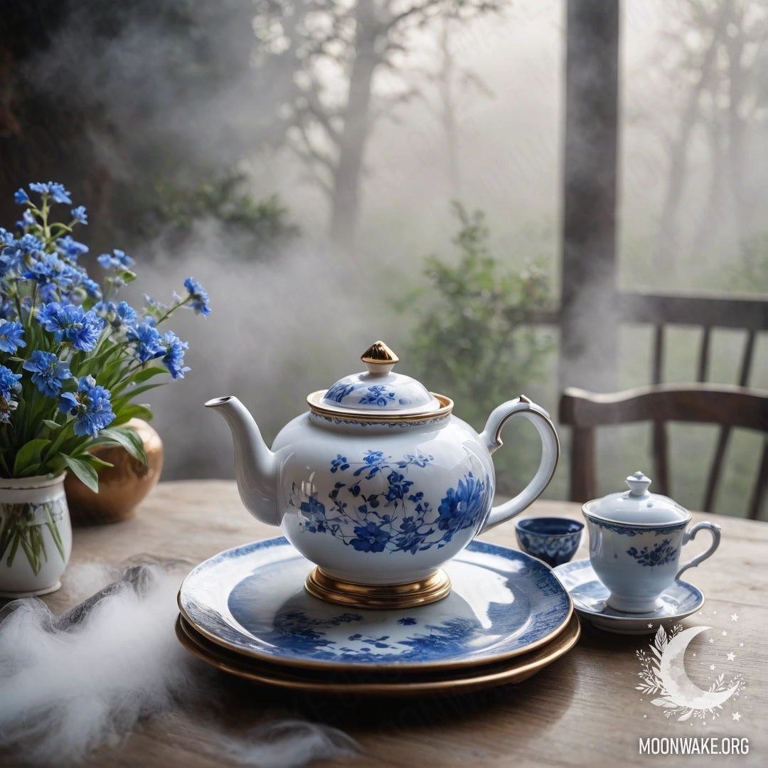 A round wooden table with a porcelain teapot filled with blue flowers, surrounded by dense mist.