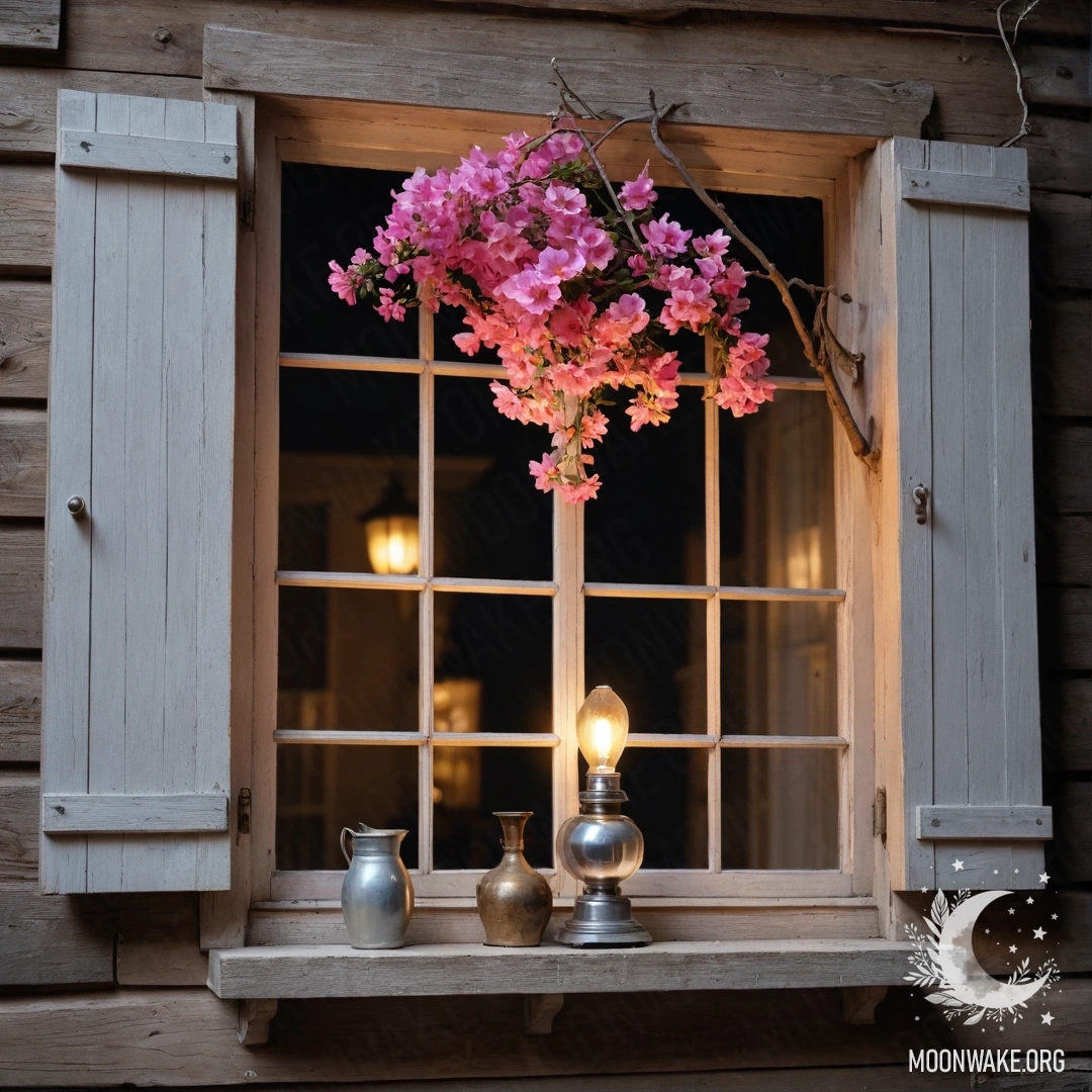 Cozy Wooden Window at Night A shabby wooden window with open shutters and a kerosene lamp, adorned with a branch of pink flowers, at nighttime.