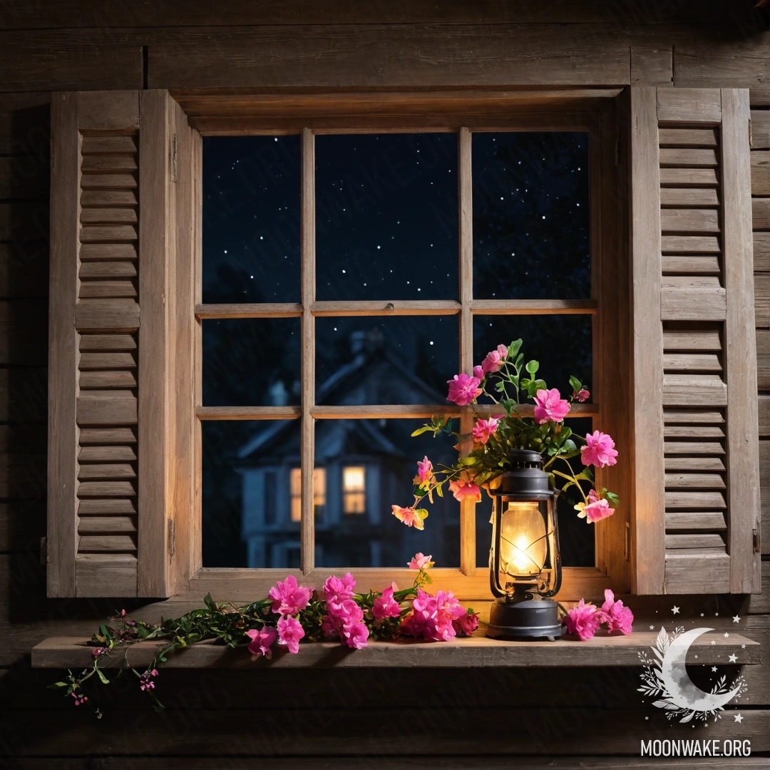 Cozy Wooden Window at Night A shabby wooden window with shutters, adorned with pink flowers and a kerosene lamp hanging above.