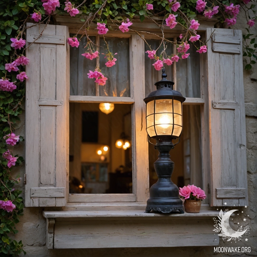 A shabby wooden window with shutters adorned with pink flowers and a kerosene lamp hanging above, set against a stunning sunset.
