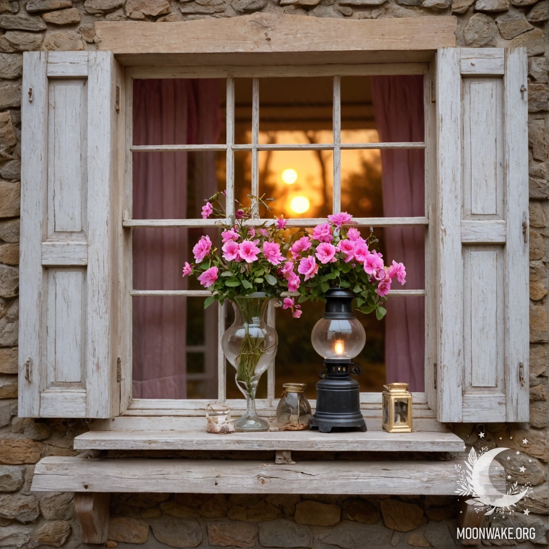 A shabby wooden window with pink flowers around it and a lamp above, during sunset.