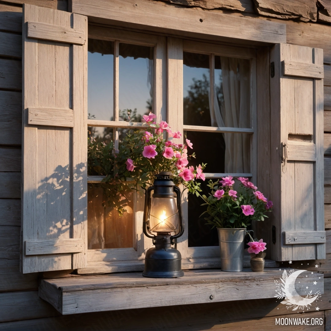 A shabby wooden window with a kerosene lamp and pink flowers around it during sunset.