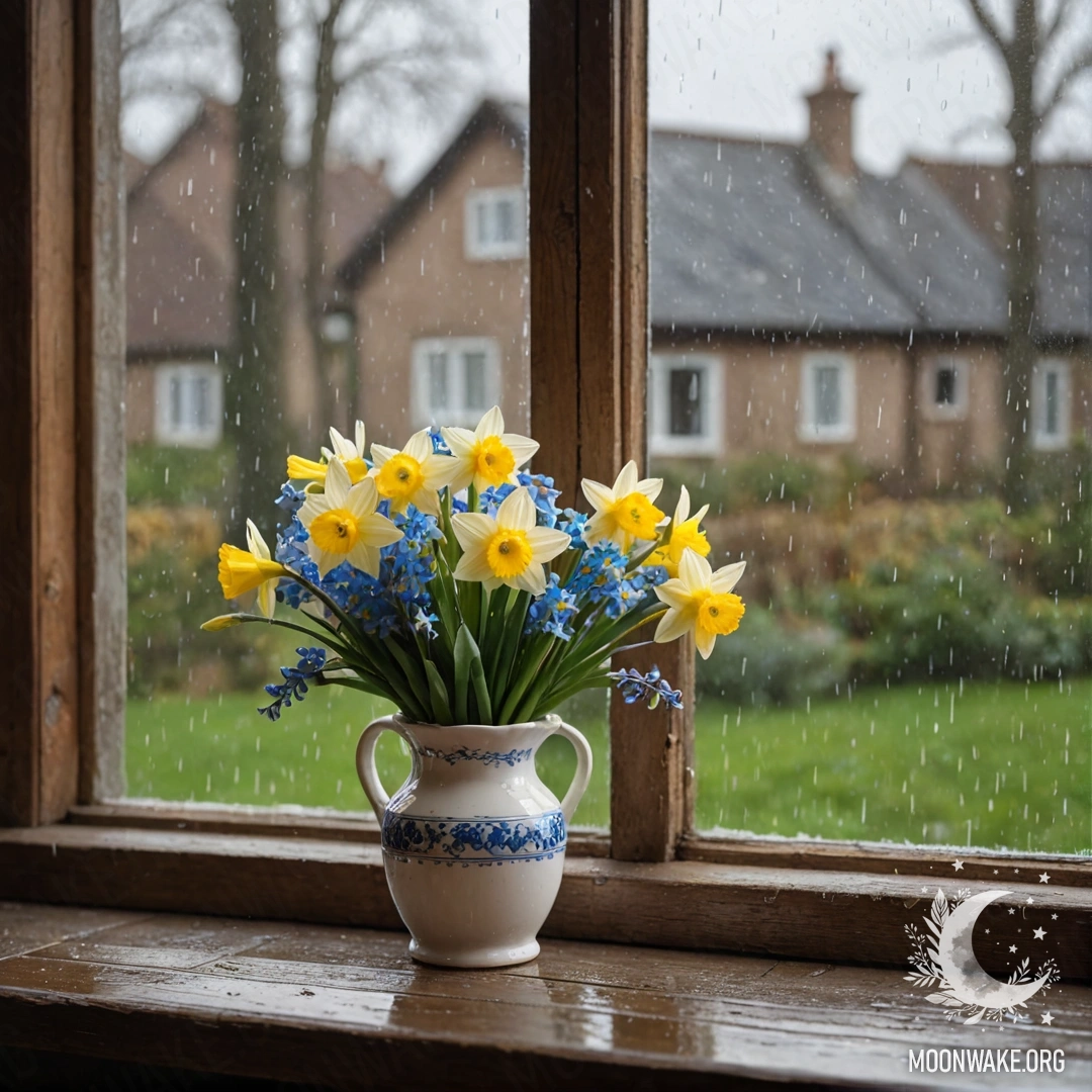 A shabby wooden window sill with a white vase holding daffodils and forget-me-nots, rain falling softly around them.