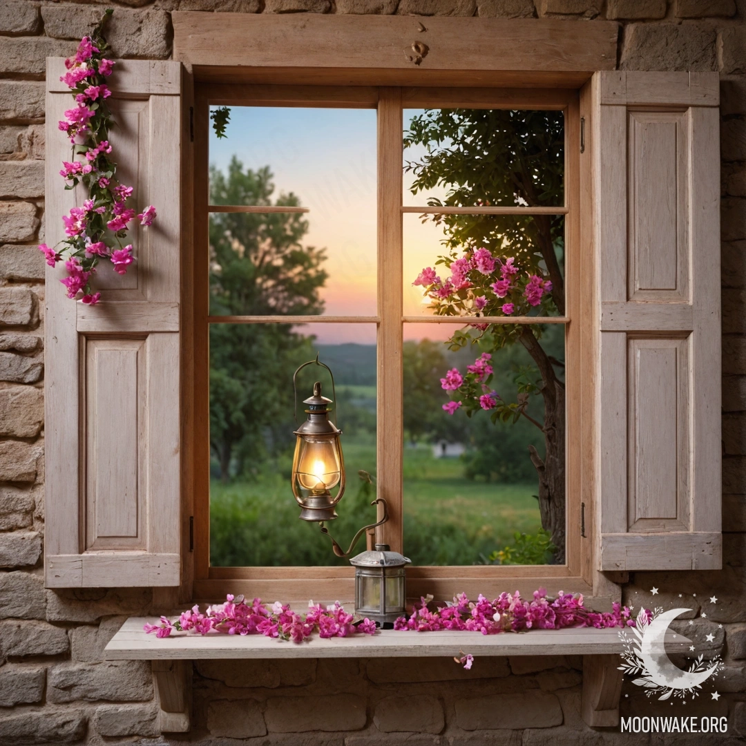 Cozy Wooden Window with Pink Flowers A shabby wooden window framed by pink flowers and a kerosene lamp.