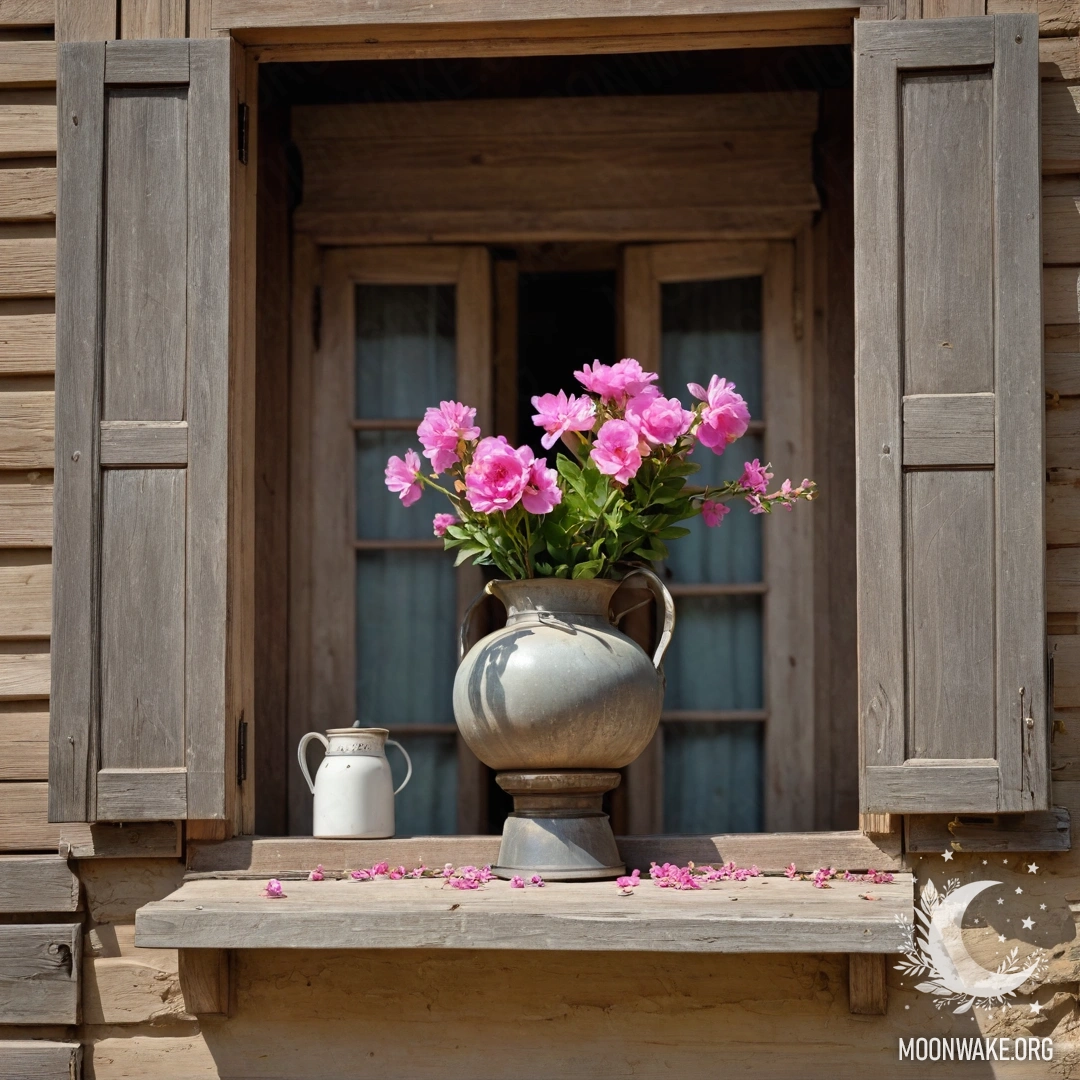 A weathered wooden window adorned with pink flowers and a kerosene lamp.
