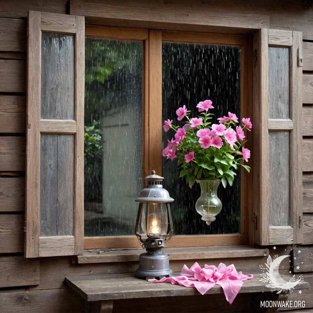 A shabby wooden window with shutters, kerosene lamp above, pink flowers under rain.