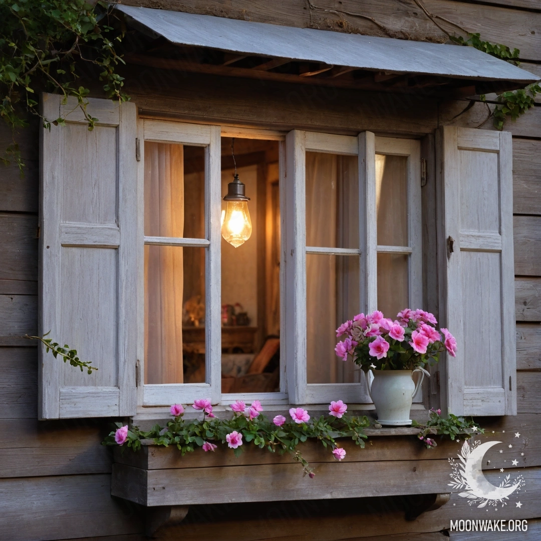 Cozy Wooden Window with Pink Flowers at Sunset A photorealistic depiction of a shabby wooden window with pink flowers and a kerosene lamp hanging above it at sunset.