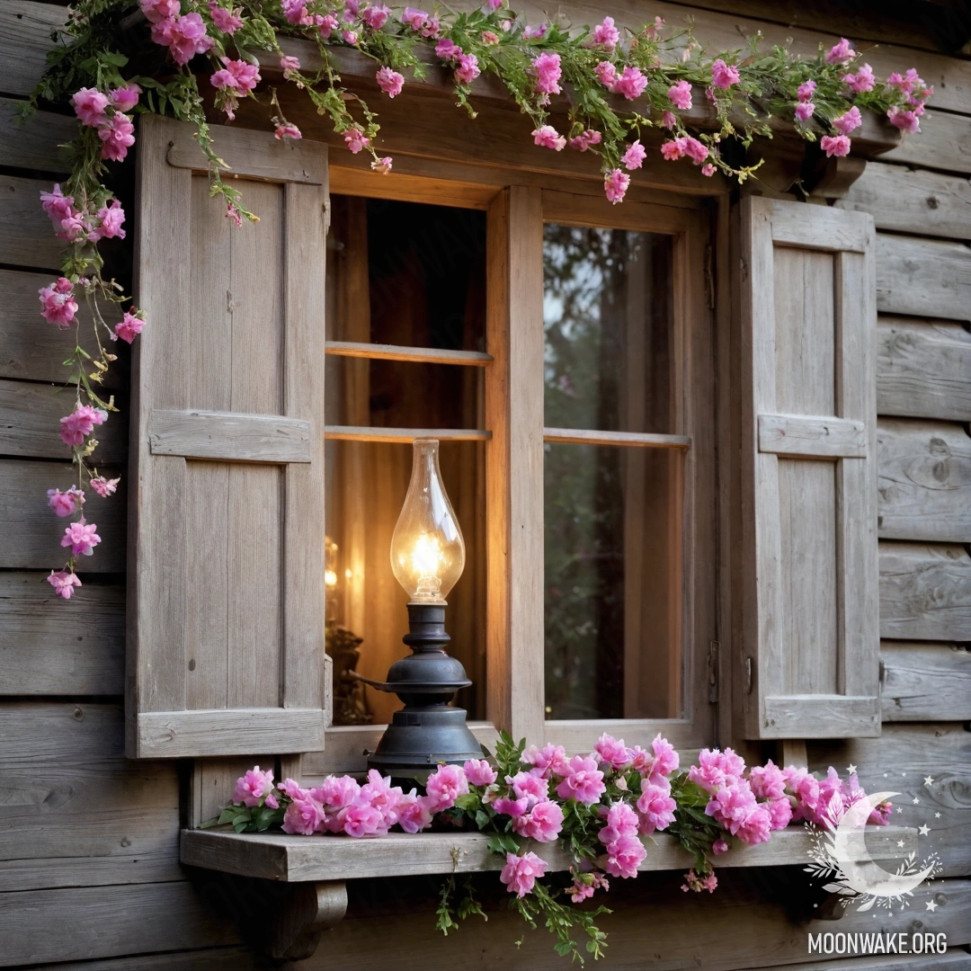 A shabby wooden window adorned with pink flowers and a kerosene lamp.