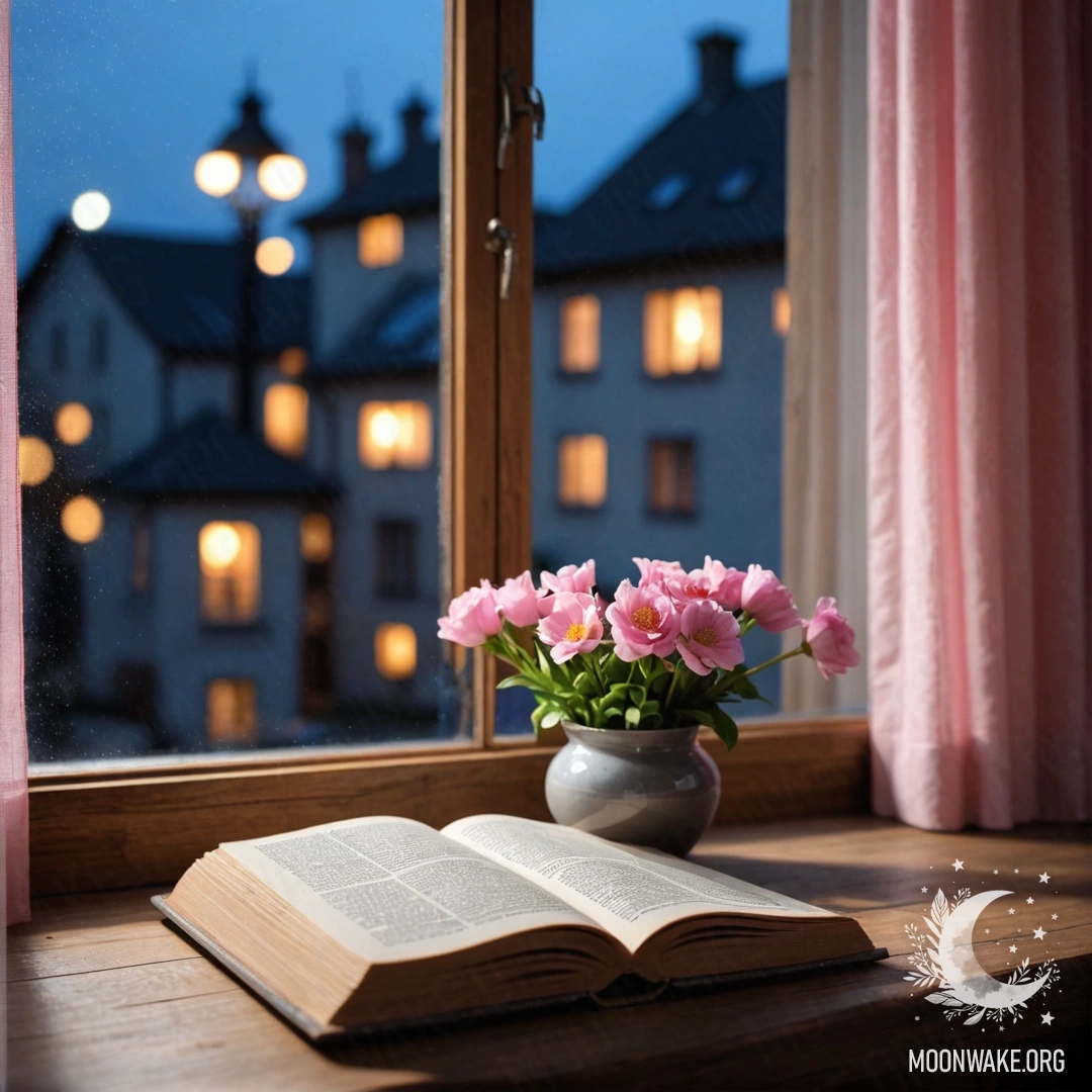 A photorealistic depiction of a wooden window sill at night, featuring an old shabby book, a gray vase with pink flowers, and a pink curtain.