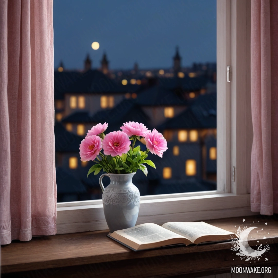 A cozy wooden window sill with an old shabby book, a gray vase with pink flowers, and a pink curtain during nighttime.