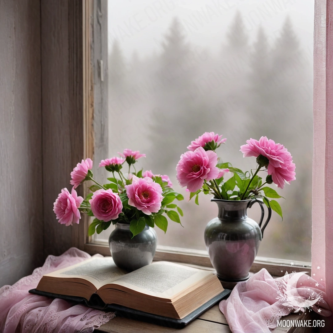 A wooden window sill featuring an old book, a gray vase with pink flowers, and a pink curtain enveloped in dense fog.