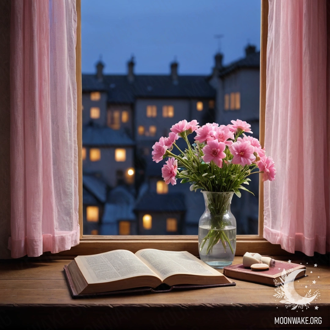 A cozy wooden window sill featuring an old book and a gray vase with pink flowers.