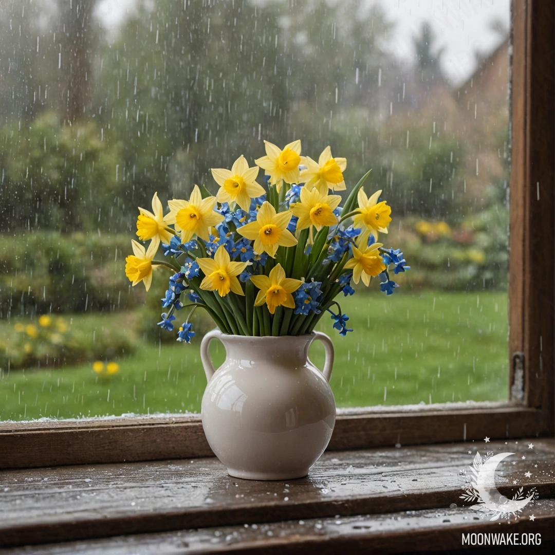 Cozy Wooden Window Sill with Daffodils and Forget-Me-Nots A cozy, shabby wooden window sill adorned with a white porcelain vase holding daffodils and forget-me-nots, with rain gently falling around it.