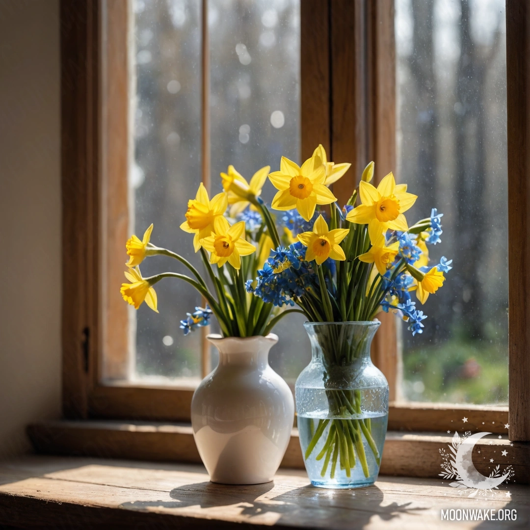 A white porcelain vase filled with daffodils and forget-me-nots on a shabby wooden window sill.
