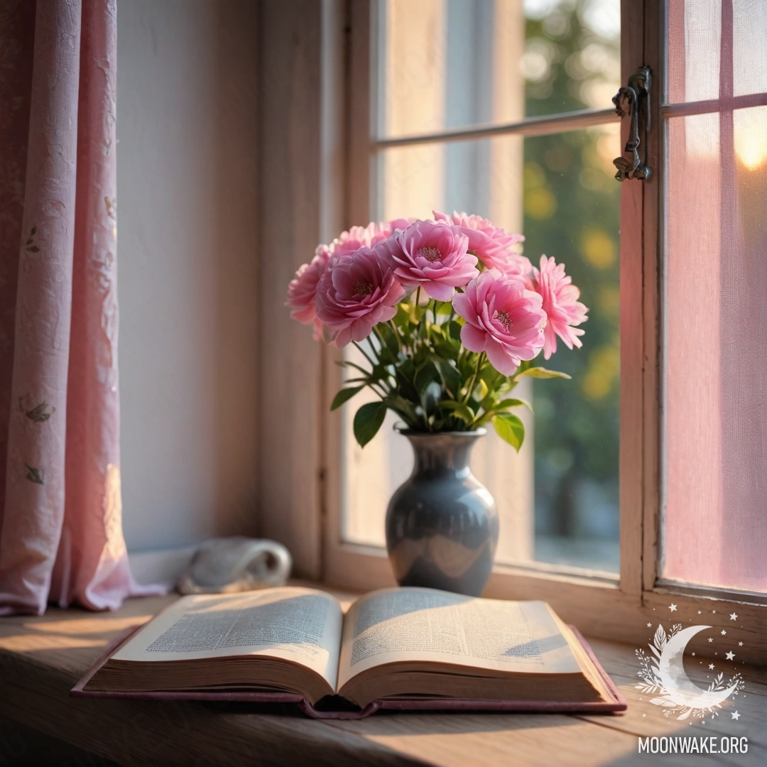 A wooden window sill with an old book, a gray vase with pink flowers, and a pink curtain during sunset.