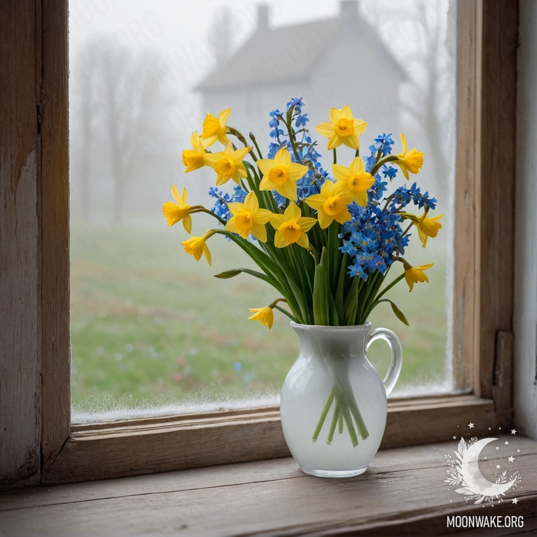 An old shabby wooden window sill with a white porcelain vase holding daffodils and forget-me-nots in a dense mist.