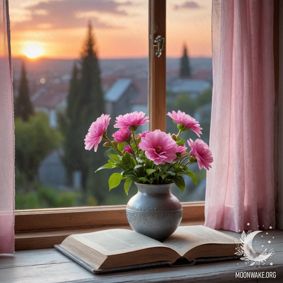 A wooden window sill with an old book and a gray vase of pink flowers during sunset.