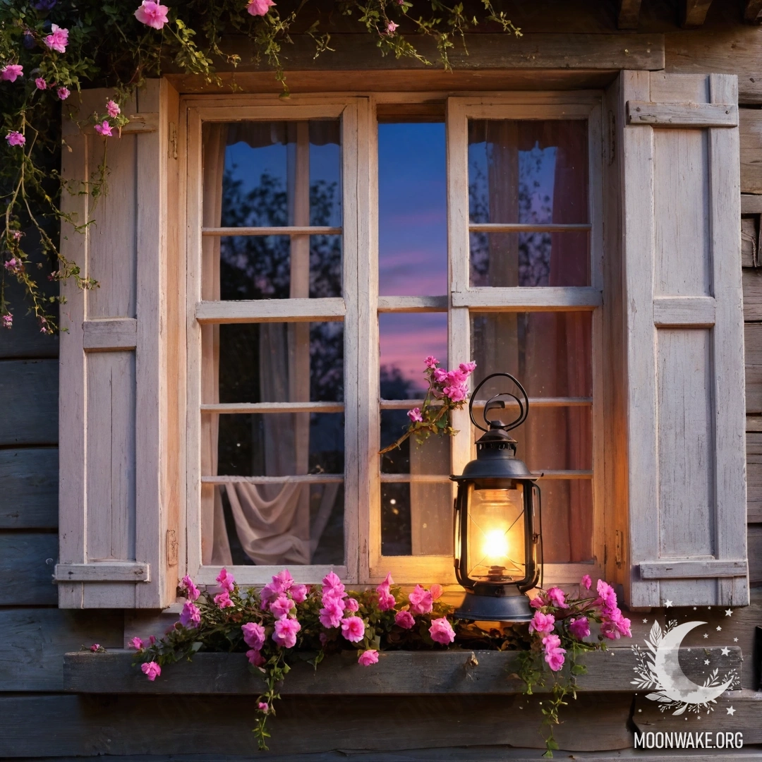 A shabby wooden window adorned with shutters, a kerosene lamp hangs above, and pink flowers curl around the window at sunset.