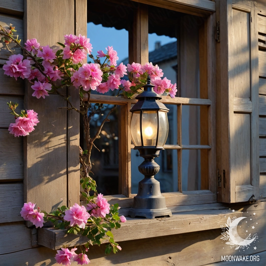 Cozy Wooden Window at Sunset A cozy shabby wooden window adorned with pink flowers at sunset, with a kerosene lamp hanging above.