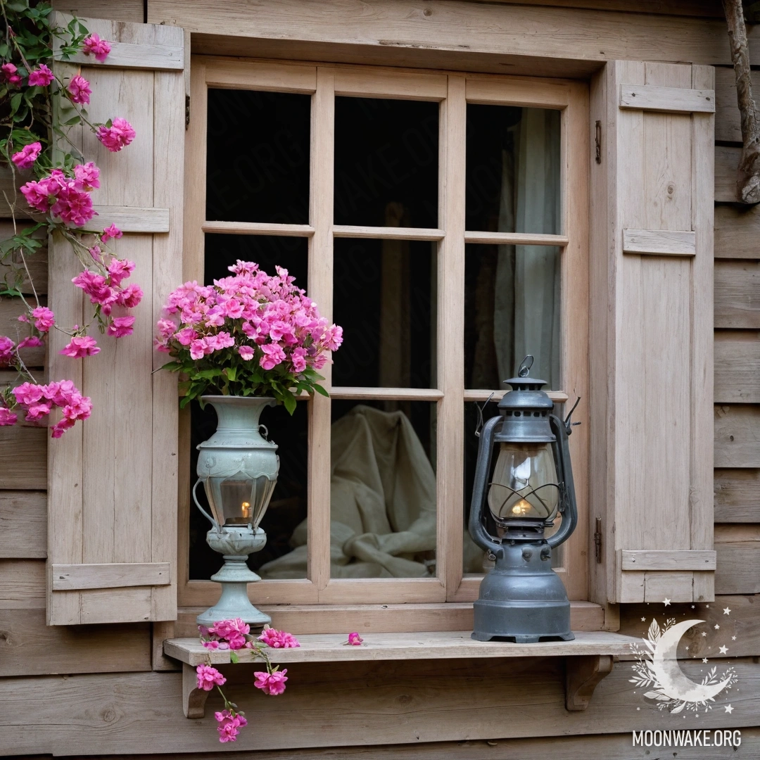 A shabby wooden window with shutters and a kerosene lamp above, adorned with pink flowering branches.