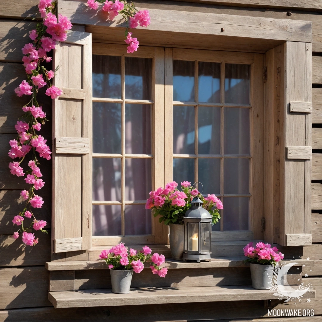 Cozy Wooden Window with Blossoms A photorealistic depiction of a shabby wooden window with shutters, adorned with pink flowers and a hanging kerosene lamp.