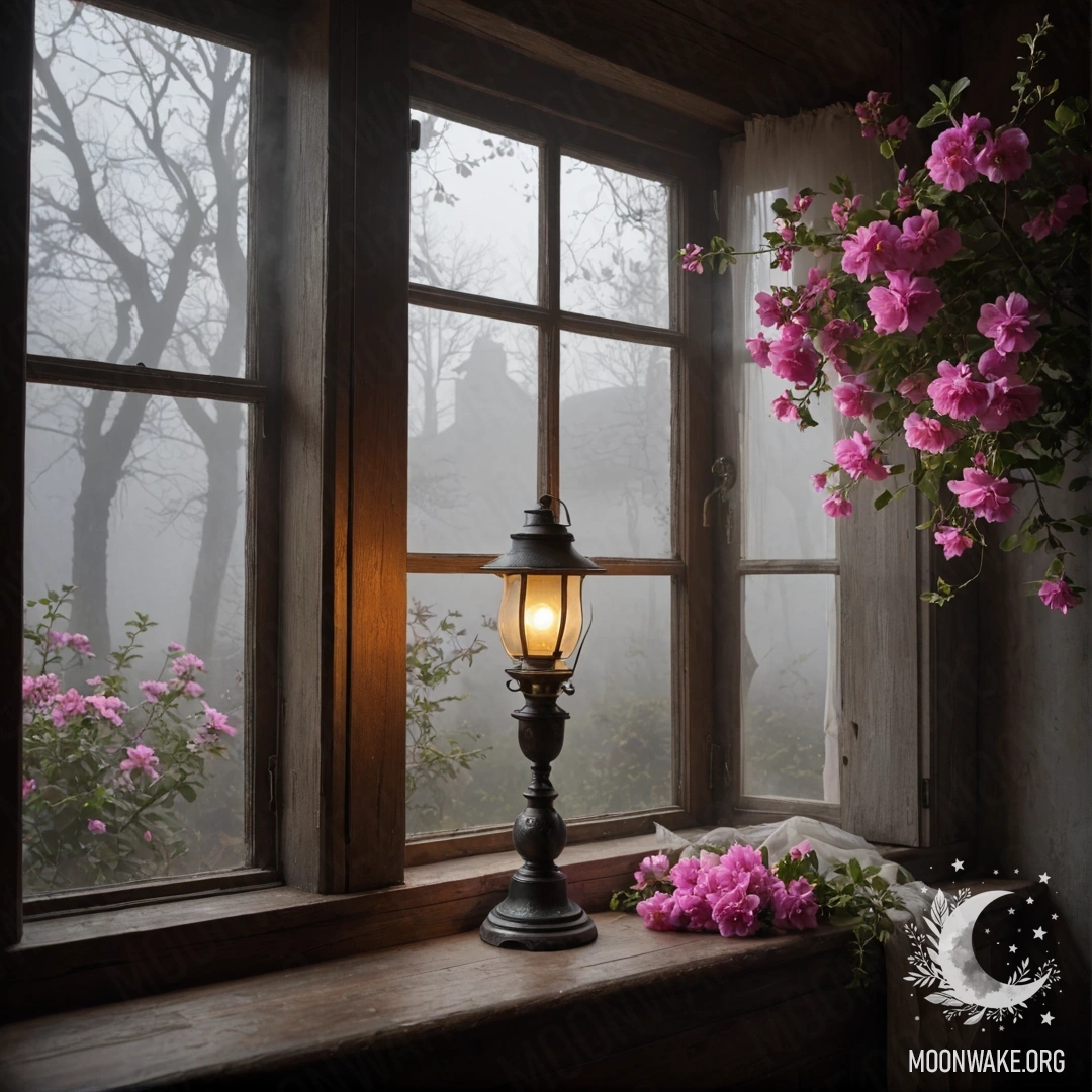 Cozy Wooden Window with Flowers in Fog A shabby wooden window with shutters, adorned by pink flowers and a kerosene lamp above, surrounded by dense fog.