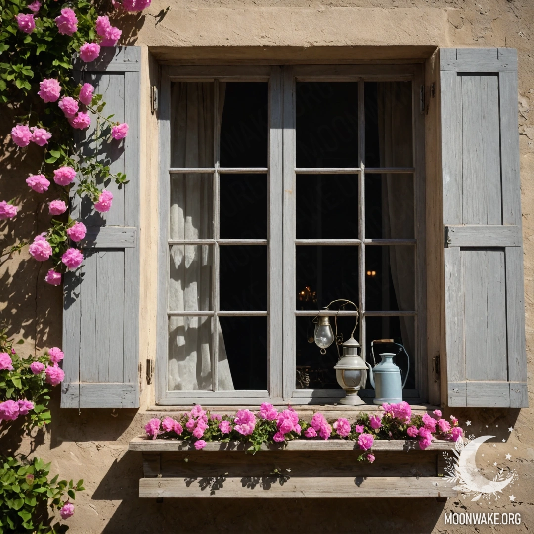 A shabby wooden window with pink flower branches and a kerosene lamp hanging above.