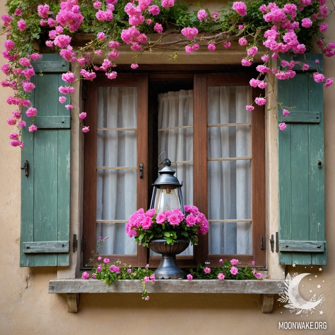 A shabby wooden window adorned with pink flowers and a lantern.