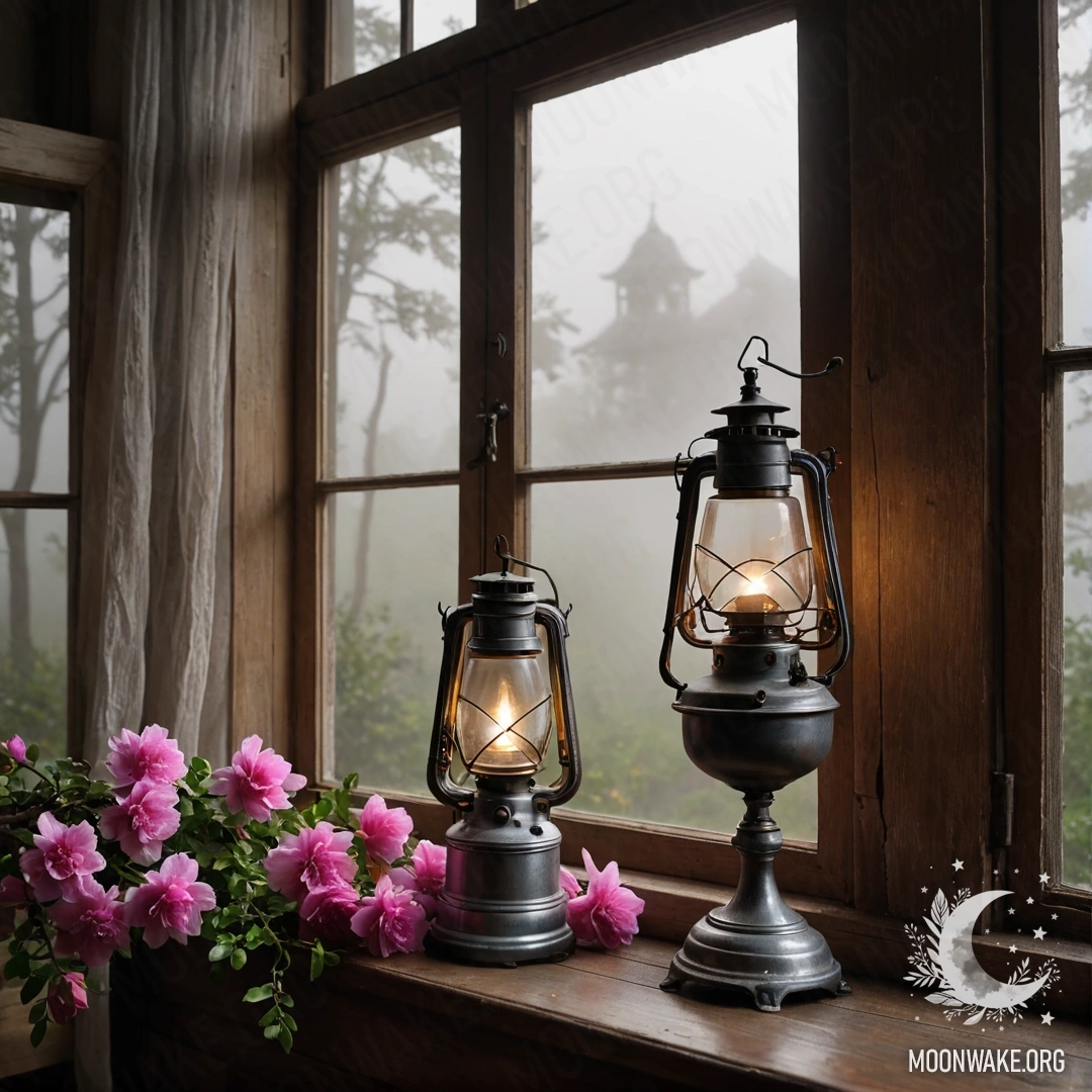 Cozy Wooden Window with Pink Blossoms in Fog A shabby wooden window and shutters with a kerosene lamp above, surrounded by pink flowers in dense fog.