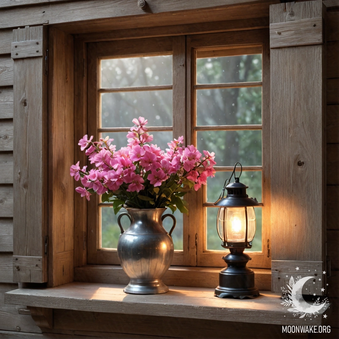 A shabby wooden window adorned with shutters, a kerosene lamp hanging above, and pink flowers curling around it.