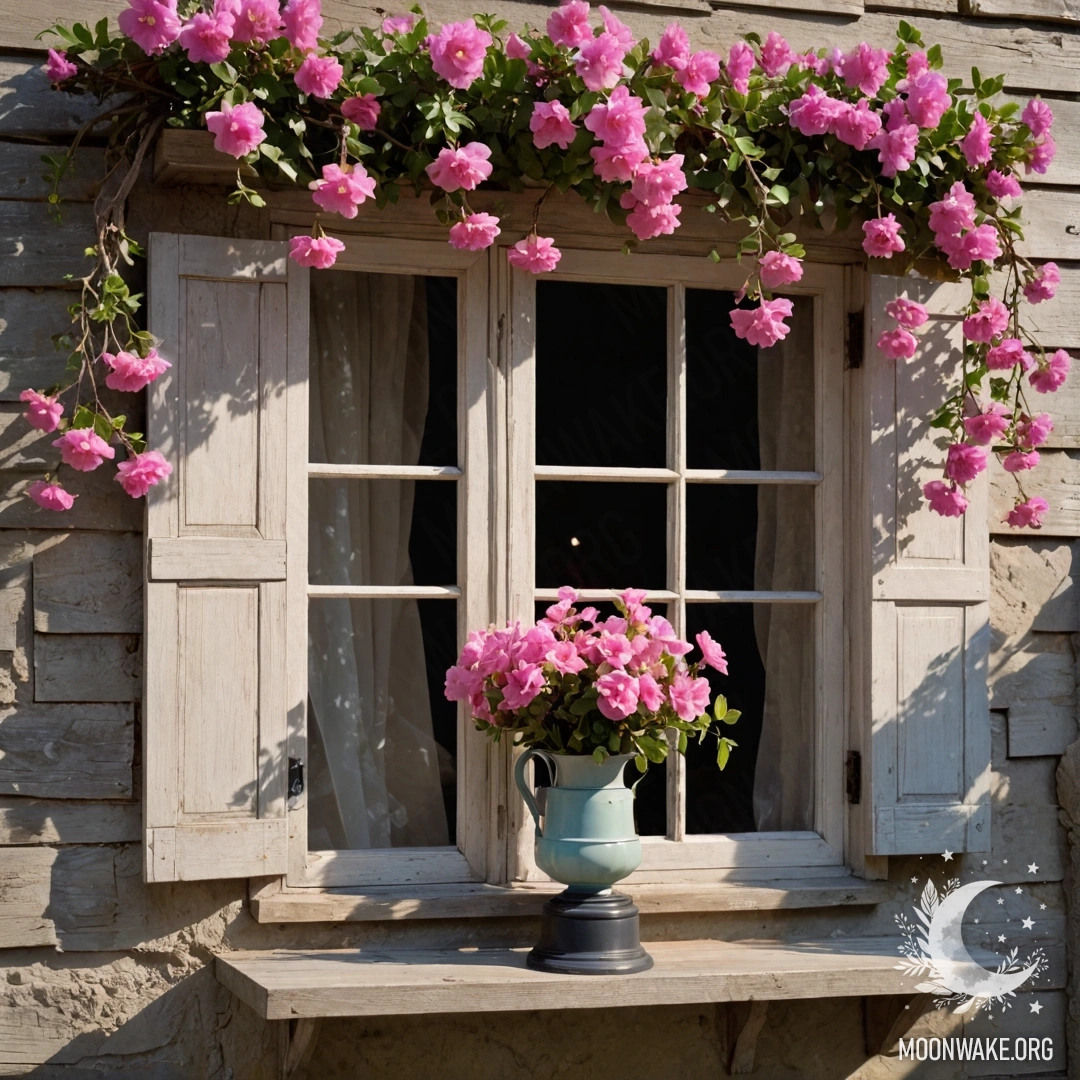 A shabby wooden window adorned with pink flowers and garland lights, illuminated by a kerosene lamp.