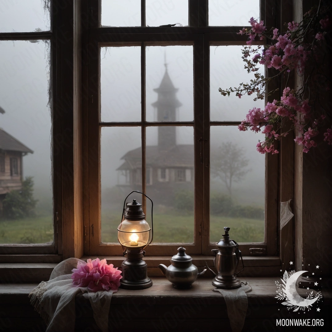Cozy Wooden Window with Pink Flowers A shabby wooden window with shutters and a kerosene lamp, adorned with pink flowers in mist.