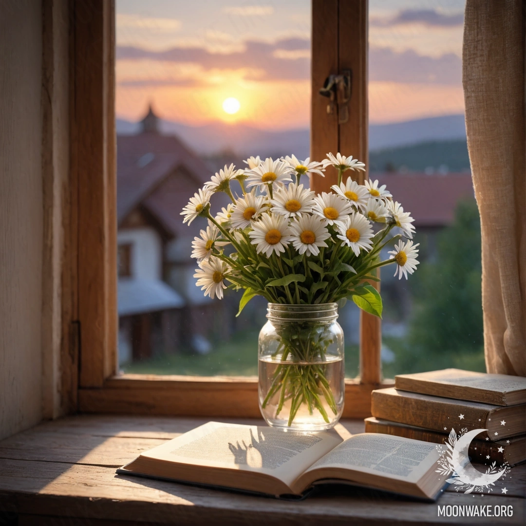 A photorealistic image of a wooden windowsill with a jar of daisies and an open book during sunset.