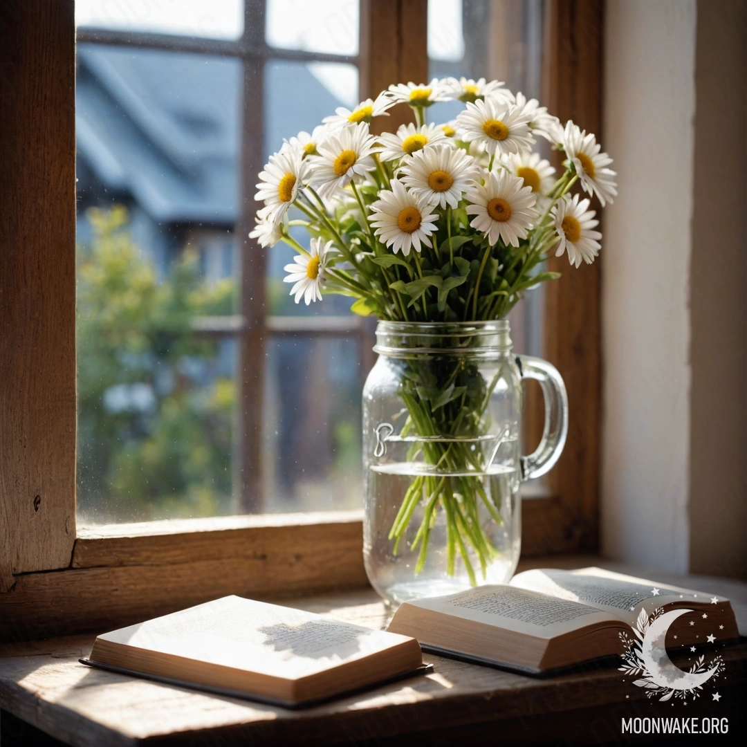 Cozy Windowsill with Daisies and Book A shabby wooden windowsill with a jar of daisies and an open book beside it, illuminated by garland lights.