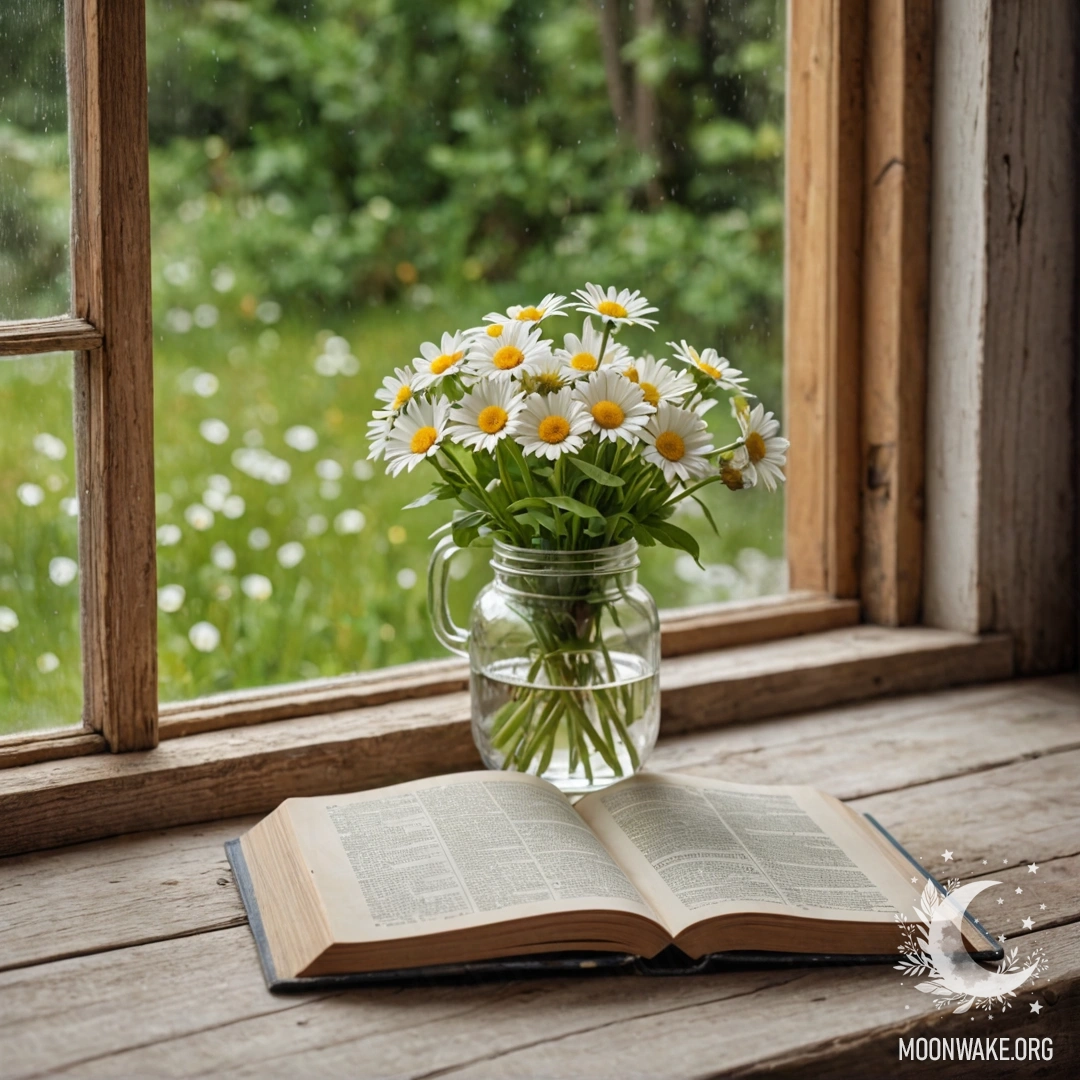 A wooden windowsill with a jar of daisies and an open book beside it.