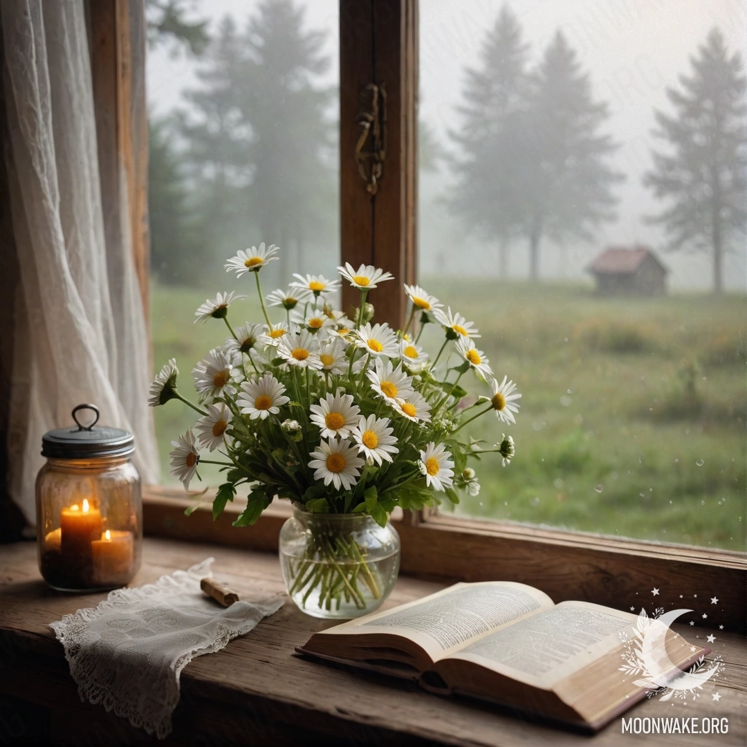 A shabby wooden windowsill adorned with a jar of daisies and an open book, surrounded by dense fog.