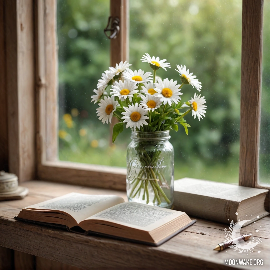 A shabby wooden windowsill with a jar holding a bouquet of daisies and an open book next to a lens.