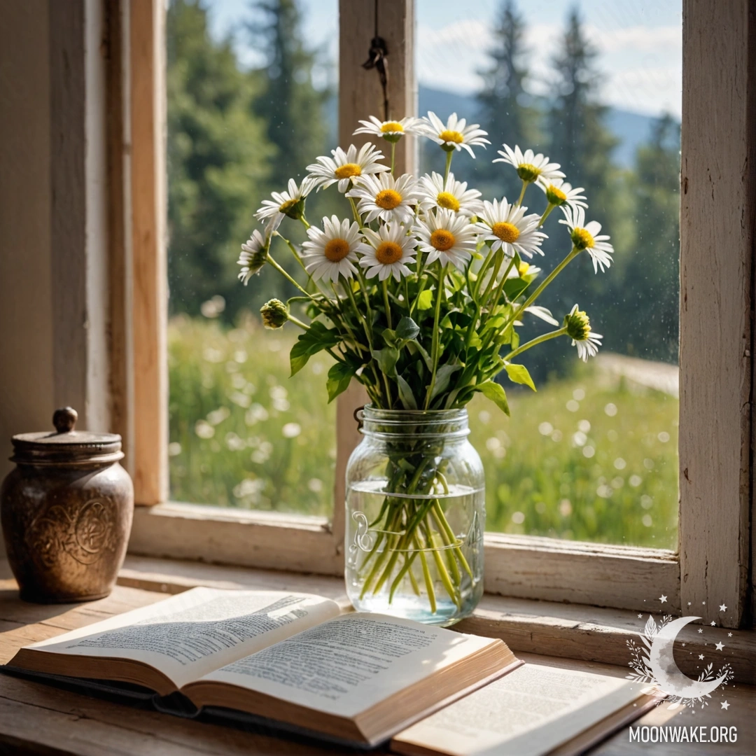 A shabby wooden windowsill adorned with a jar of daisies and an open book.