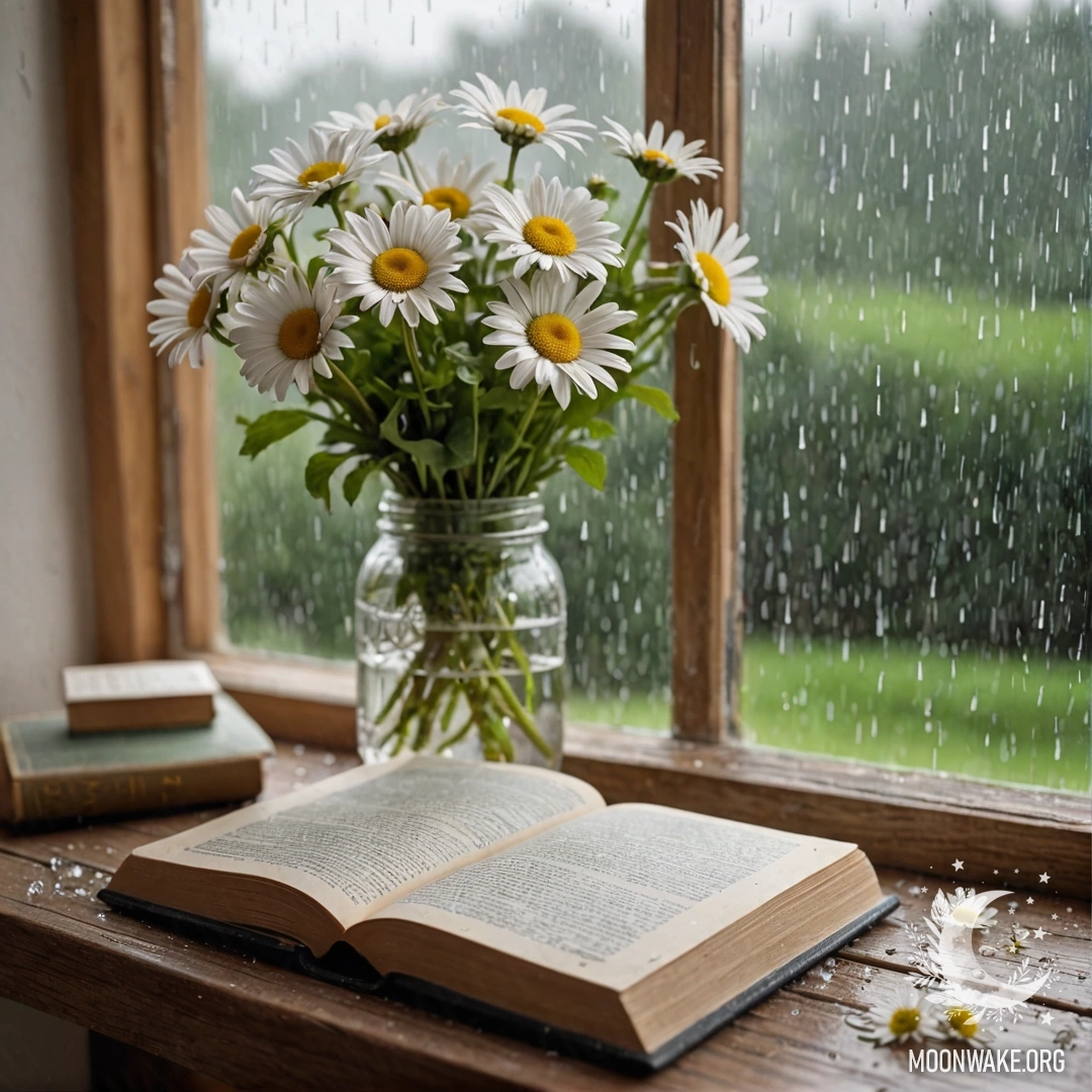 A shabby wooden windowsill with a jar of daisies and an open book resting beneath the rain.