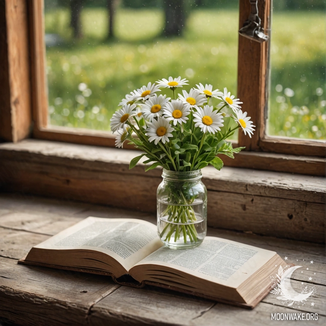 Cozy Wooden Windowsill with Daisies A cozy wooden windowsill featuring a jar with a bouquet of daisies and an open book with a lens next to it.