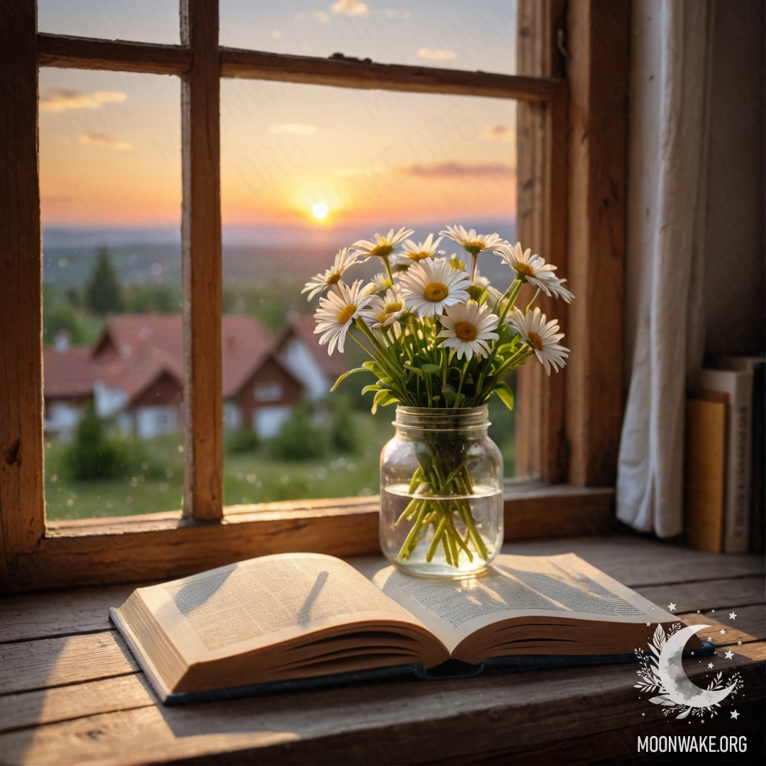 Cozy Windowsill with Daisies A wooden windowsill adorned with a jar of daisies and an open book during sunset.