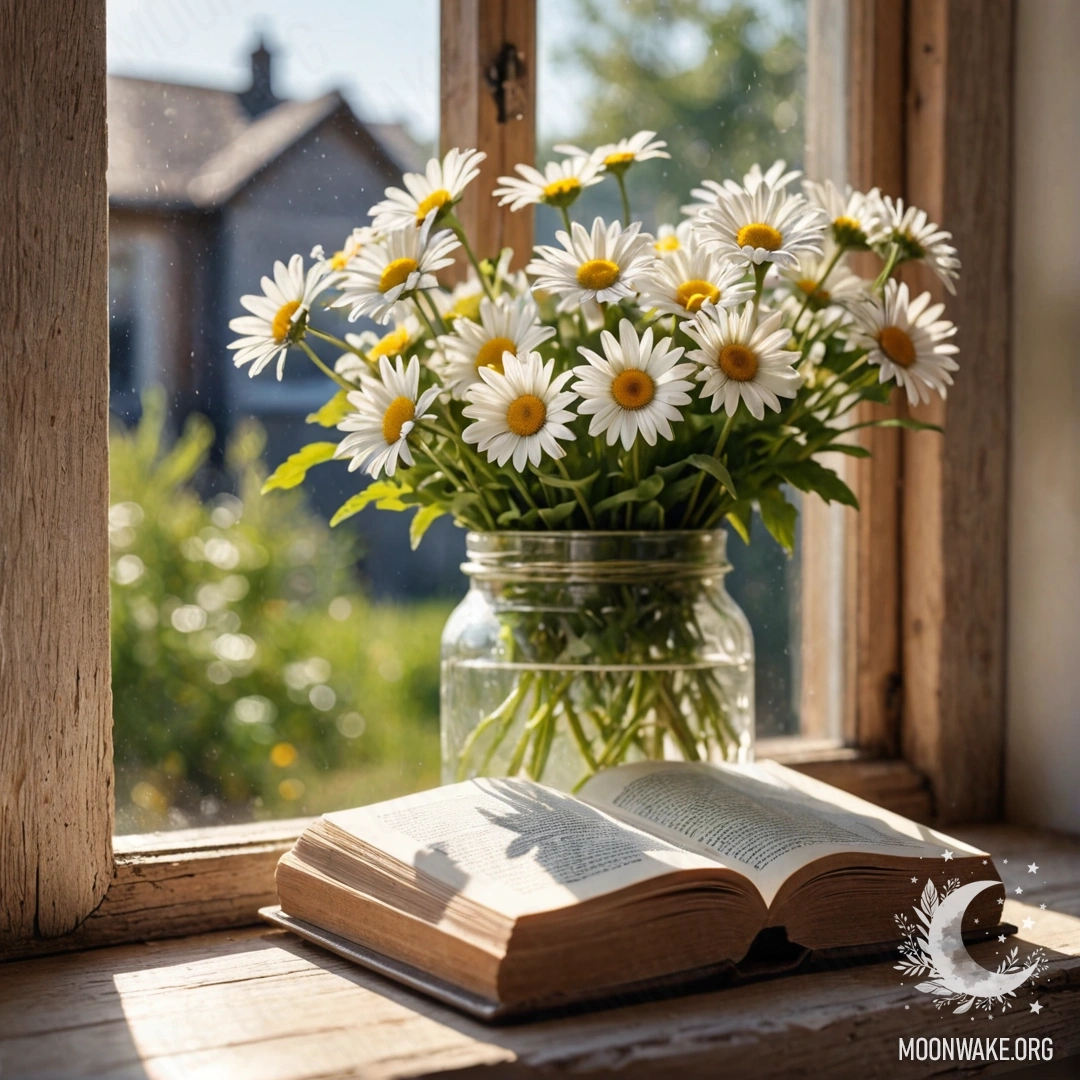 Cozy Windowsill with Daisies and Open Book A photorealistic image of a cozy wooden windowsill with a jar of daisies and an open book warmed by sunlight.