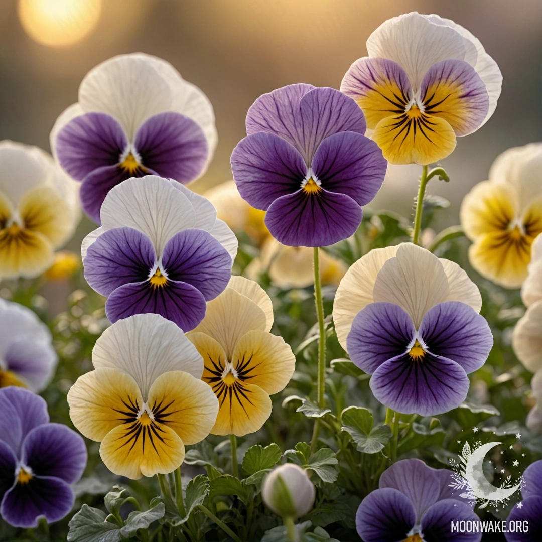 Beautiful cream yellow pansies surrounded by mist during sunset.