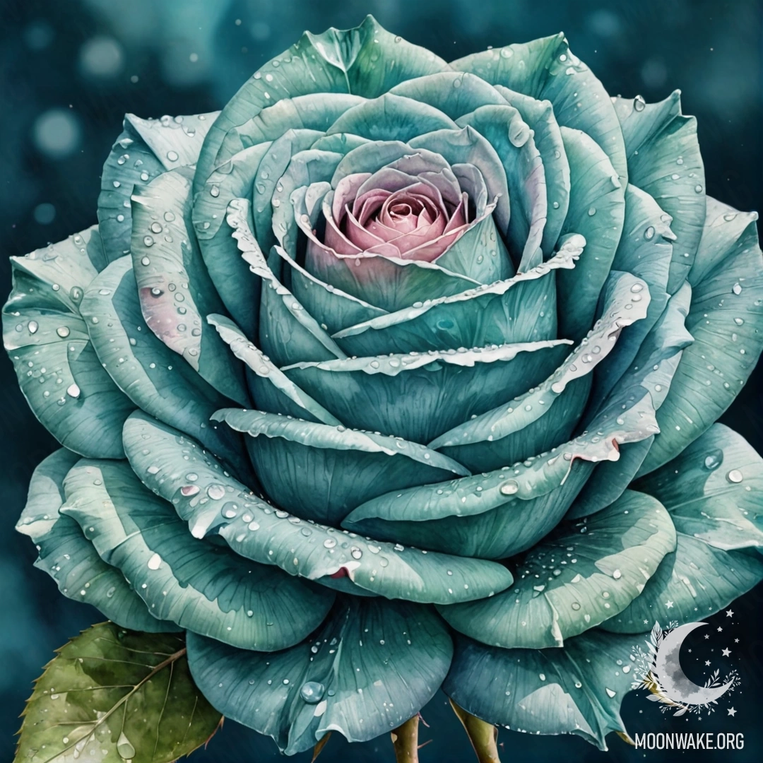 A watercolor painting of a crystal rose in shades of greenish blue.