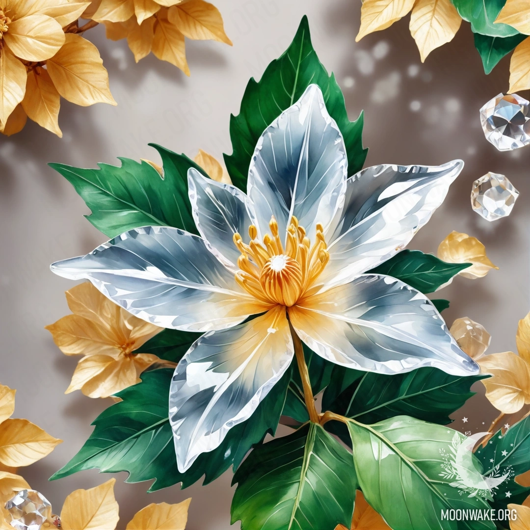 A fantastical flower made entirely of crystal, with crystal petals, stem, and leaves.