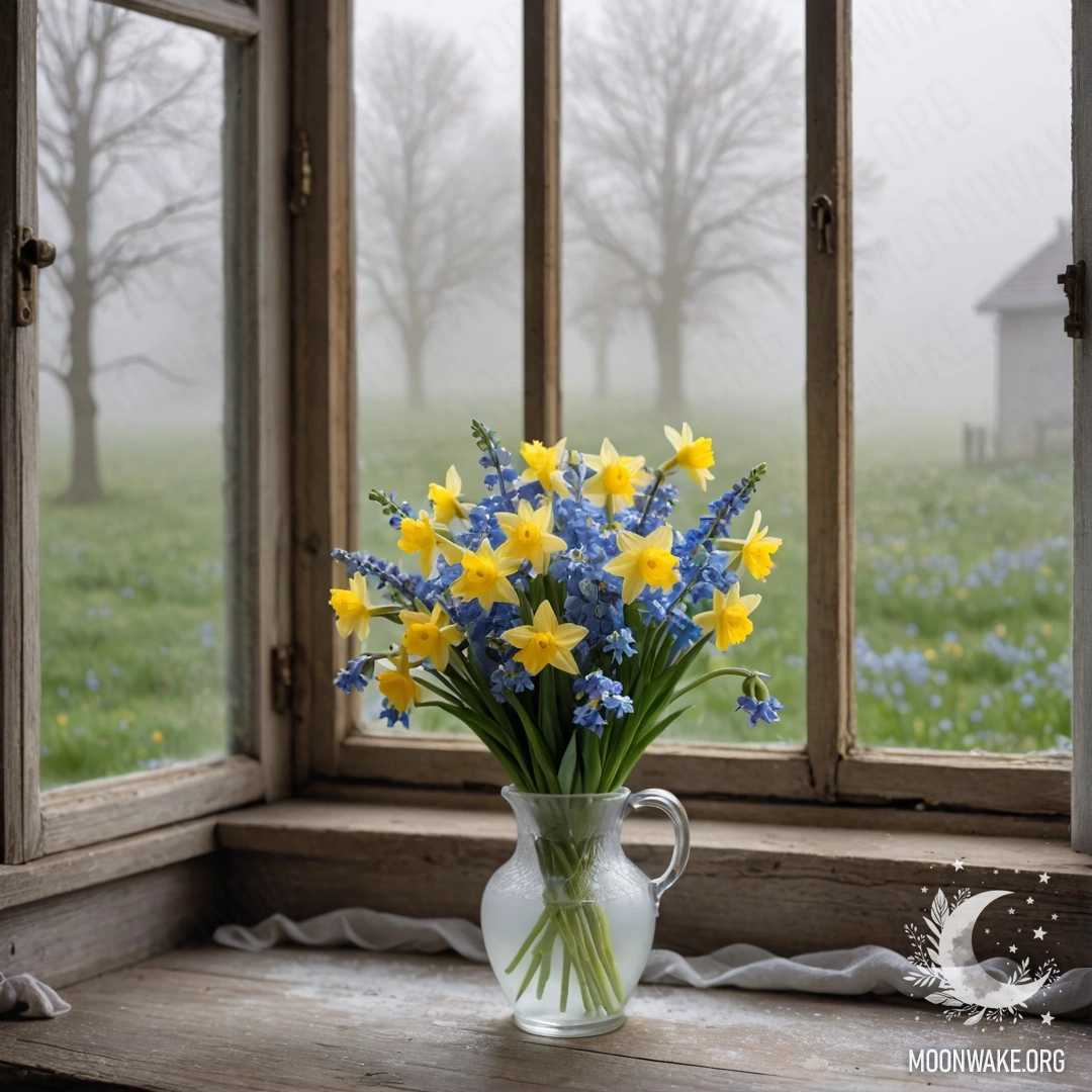 A weathered wooden windowsill adorned with a white porcelain vase holding fresh daffodils and forget-me-nots surrounded by dense fog.