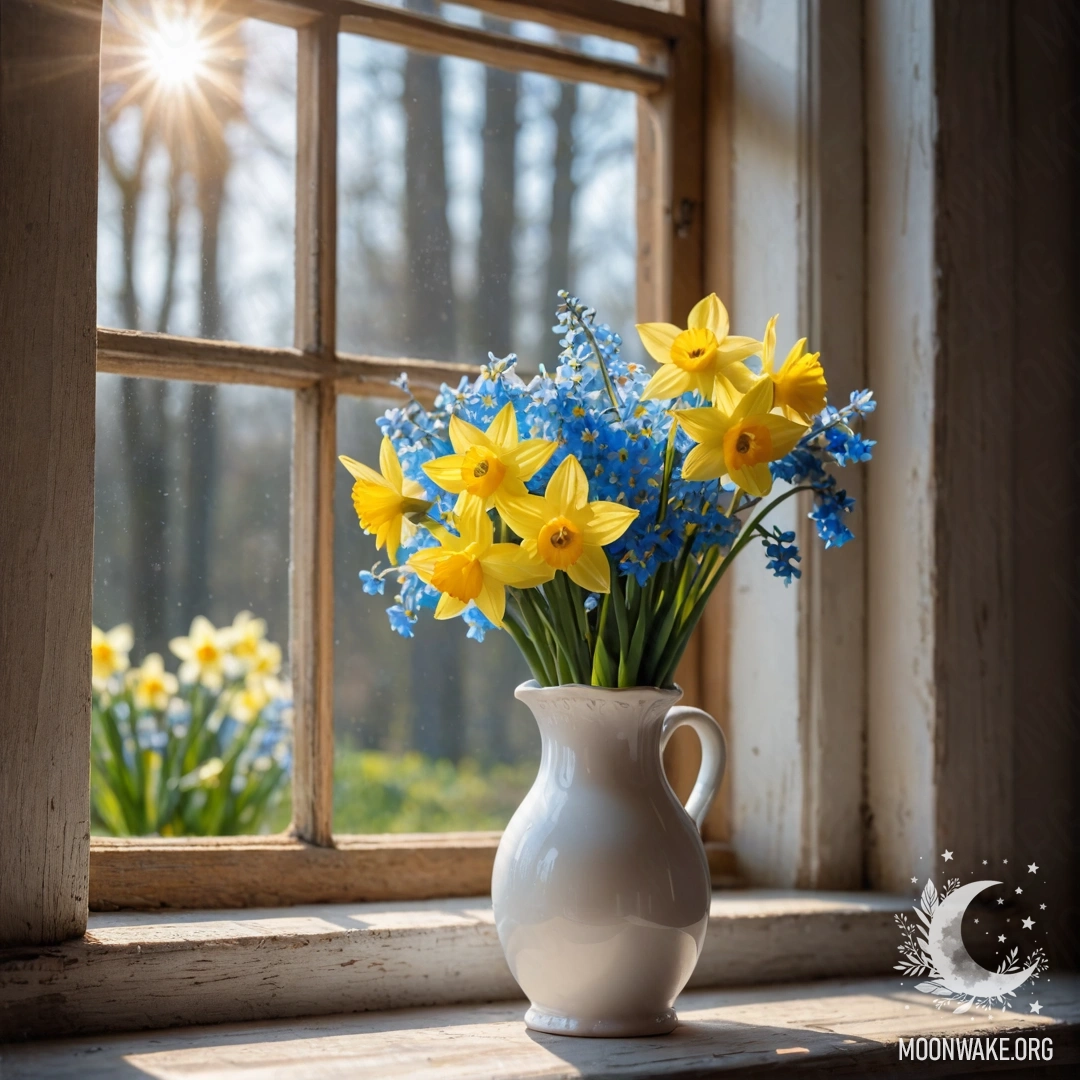 A shabby wooden windowsill with a white porcelain vase filled with daffodils and forget-me-nots illuminated by soft sun rays.