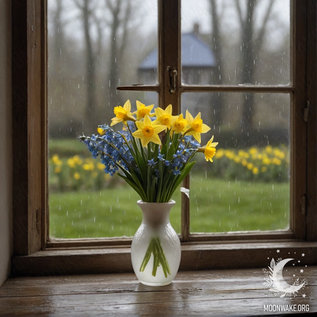 A weathered wooden window sill with a porcelain vase filled with daffodils and forget-me-nots, rain falling outside.